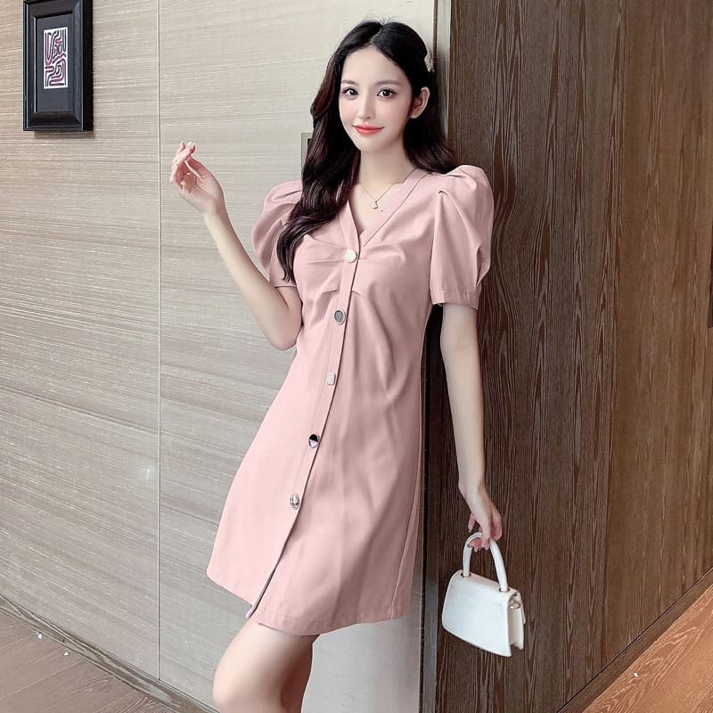 V-Neck Diamond Button Puff Sleeve Mini Dress