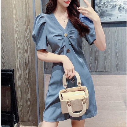 V-Neck Diamond Button Puff Sleeve Mini Dress