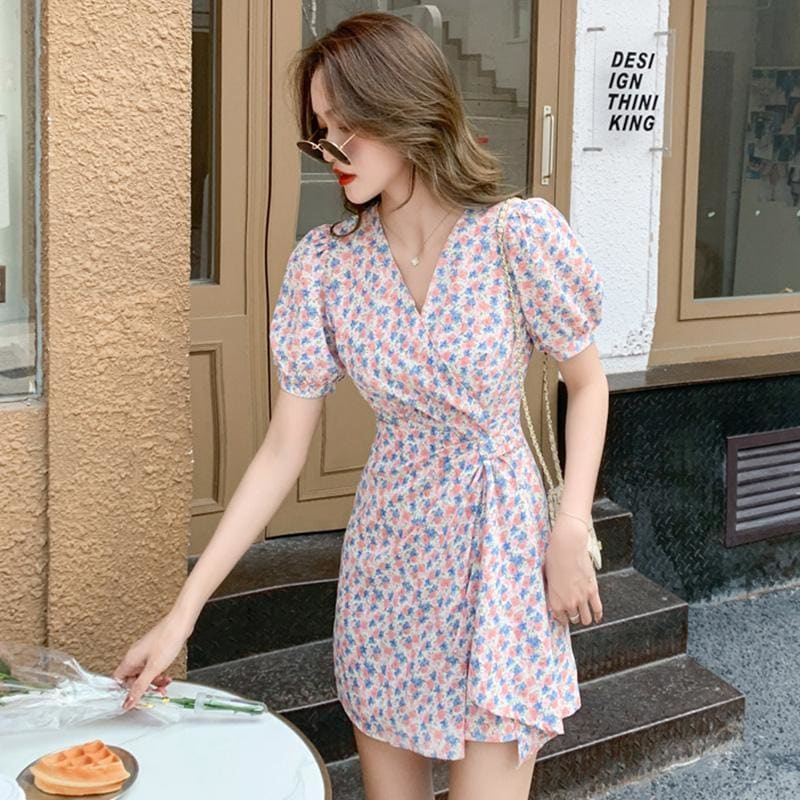 V-Neck Floral Chiffon Mini Dress