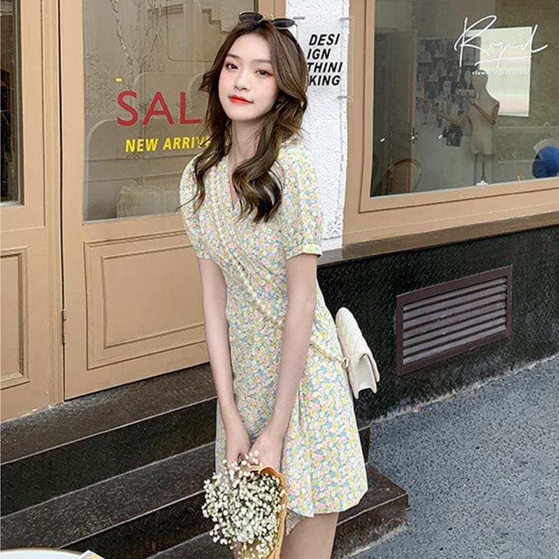 V-Neck Floral Chiffon Mini Dress