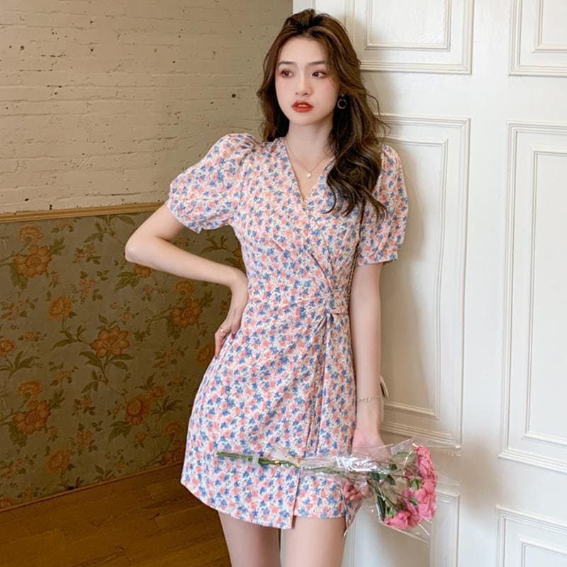 V-Neck Floral Chiffon Mini Dress