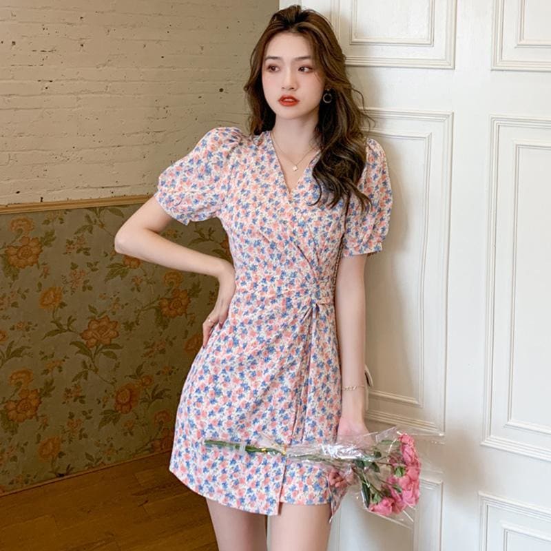 V-Neck Floral Chiffon Mini Dress