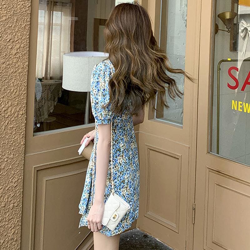 V-Neck Floral Chiffon Mini Dress