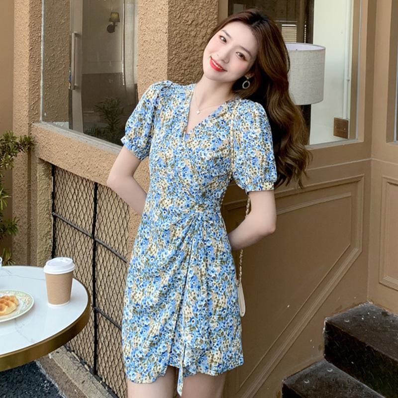 V-Neck Floral Chiffon Mini Dress