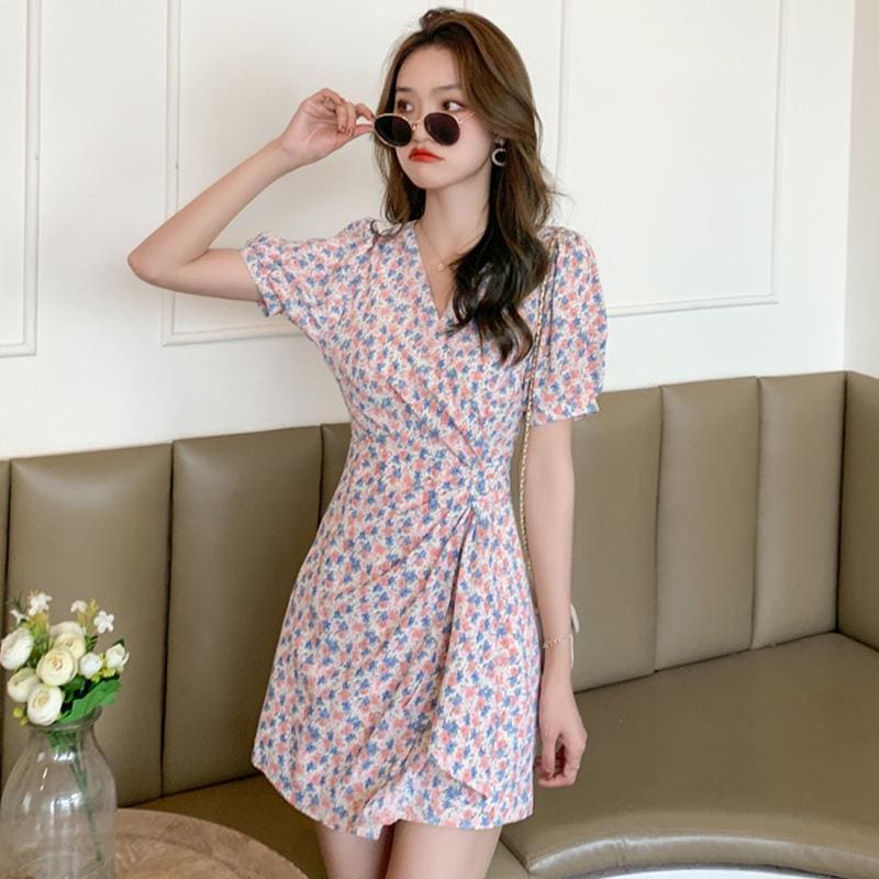 V-Neck Floral Chiffon Mini Dress