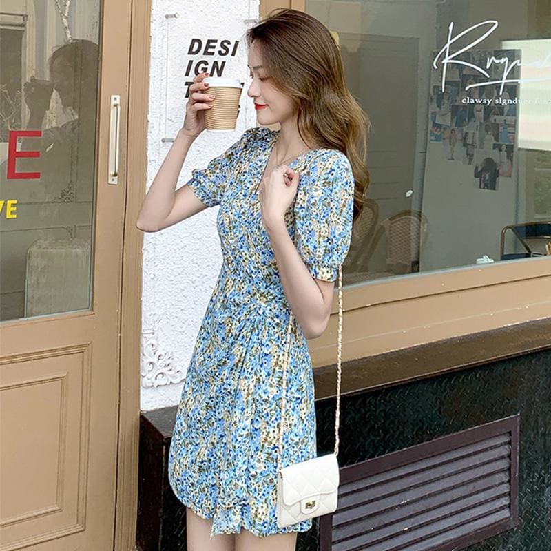 V-Neck Floral Chiffon Mini Dress