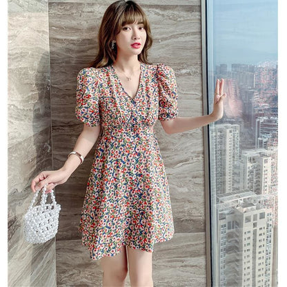 V-Neck Floral Puff sSeeve Mini Dress