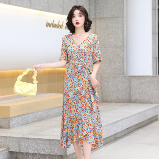 V-neck Floral Ruffled Irregular Fishtail Dress