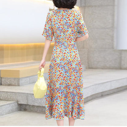 V-neck Floral Ruffled Irregular Fishtail Dress