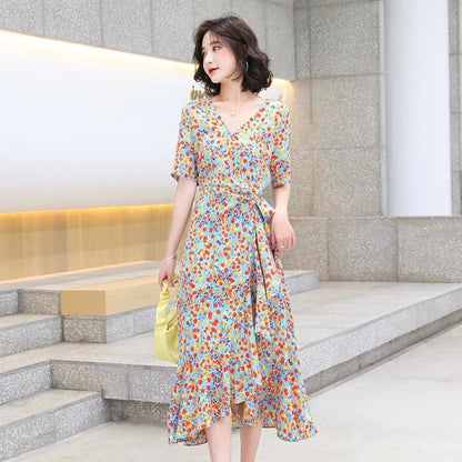 V-neck Floral Ruffled Irregular Fishtail Dress