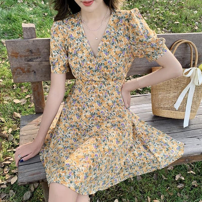 V-Neck Floral Waist Mini Dress