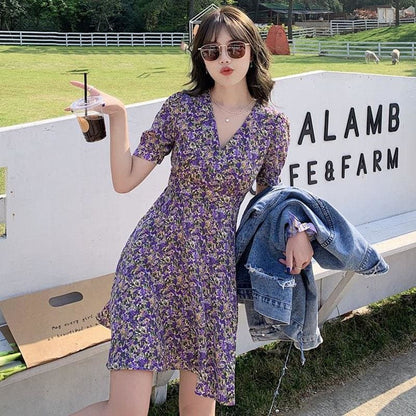 V-Neck Floral Waist Mini Dress