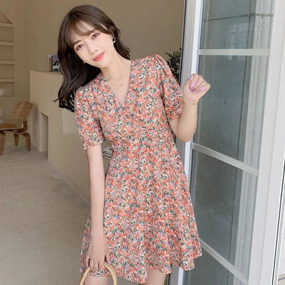 V-Neck Floral Waist Mini Dress