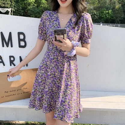 V-Neck Floral Waist Mini Dress