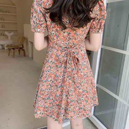 V-Neck Floral Waist Mini Dress