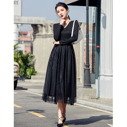 V-neck Mesh Stitching Midi Dress