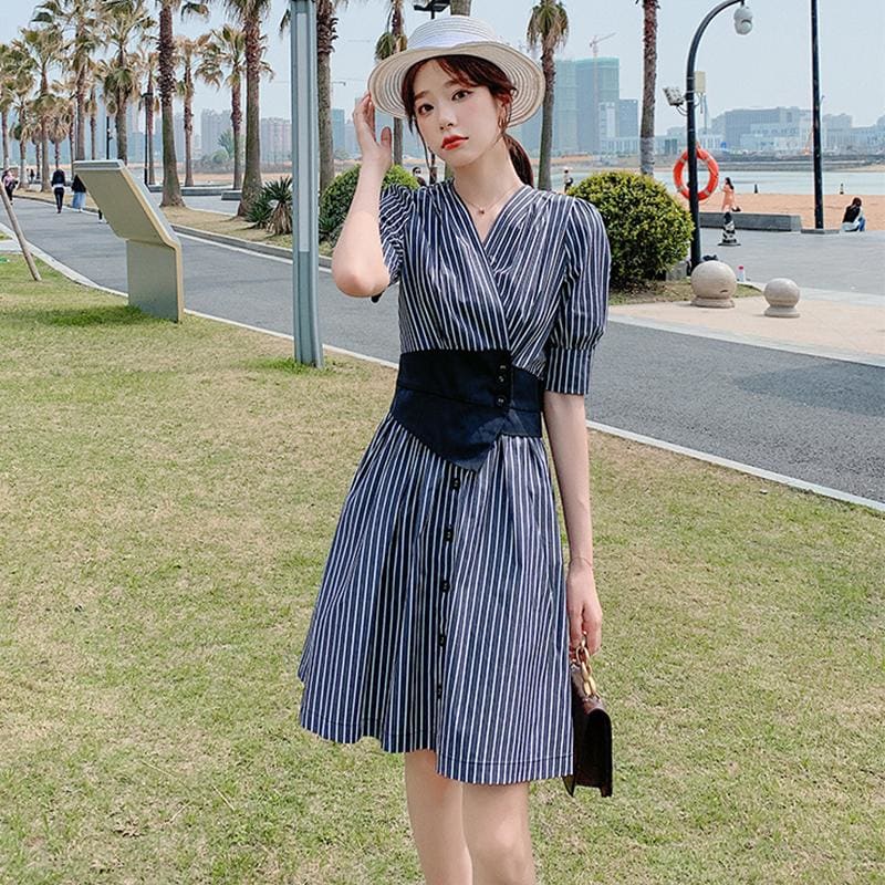 V-neck Striped Panel Midi Dress