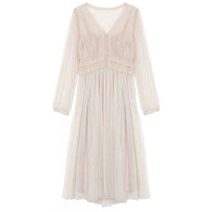 Vintage Apricot Puff Sleeve Mesh Lace Button A-Line Dress MK15644 - KawaiiMoriStore