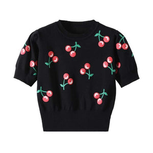 Vintage Cherry Embroidery Black Knitted T-Shirt MK1137 - KawaiiMoriStore