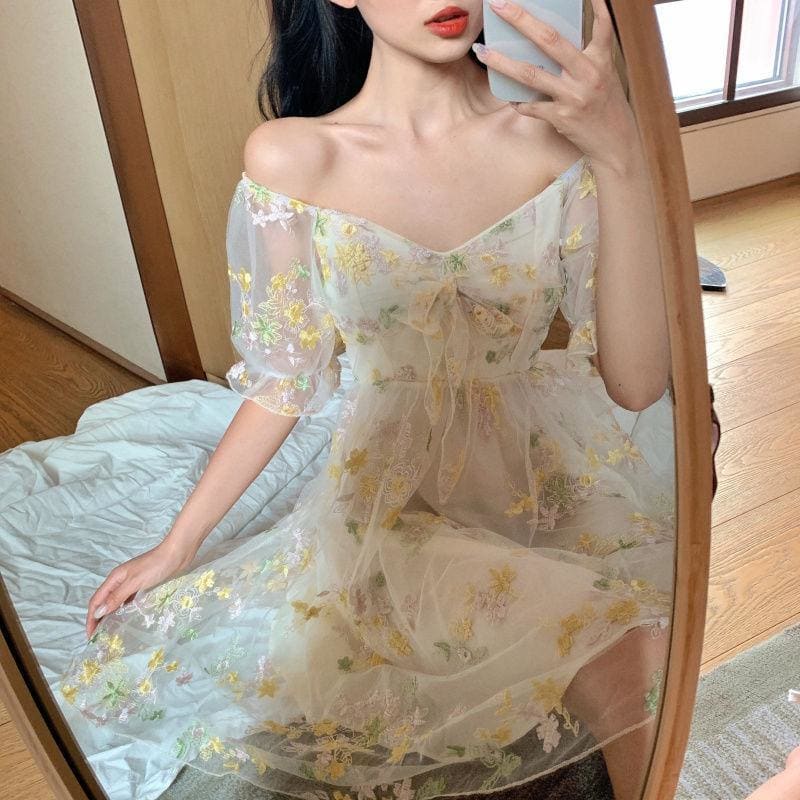 Vintage Cute Bubble Sleeve Floral Dress MK15690 - KawaiiMoriStore