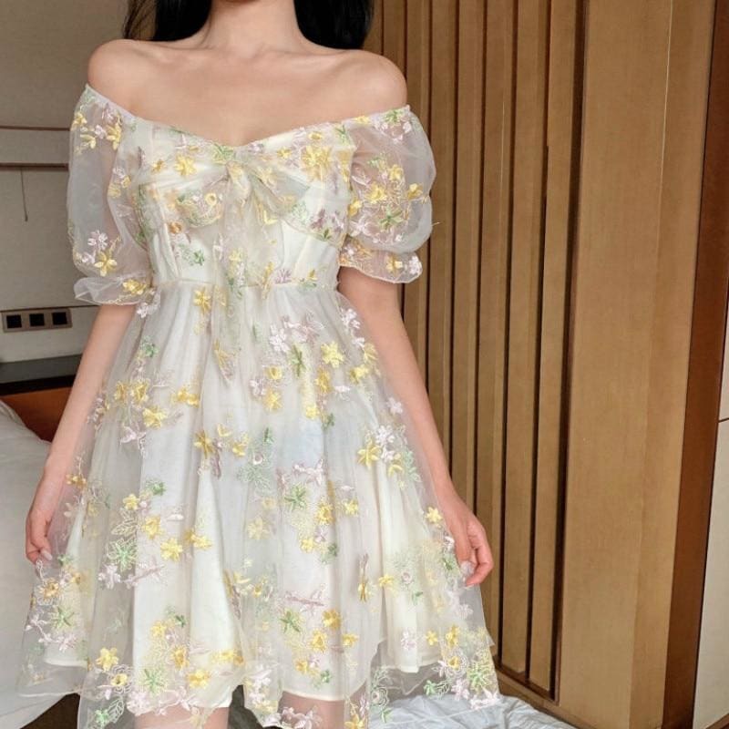 Vintage Cute Bubble Sleeve Floral Dress MK15690 - KawaiiMoriStore