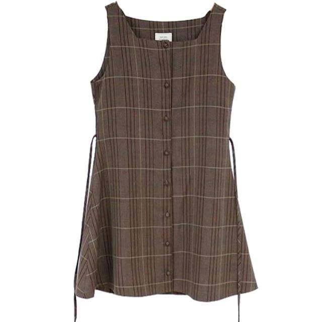 Vintage Cute Sleeveless Vest Plaid Button Dress Shirt MK15777 - KawaiiMoriStore
