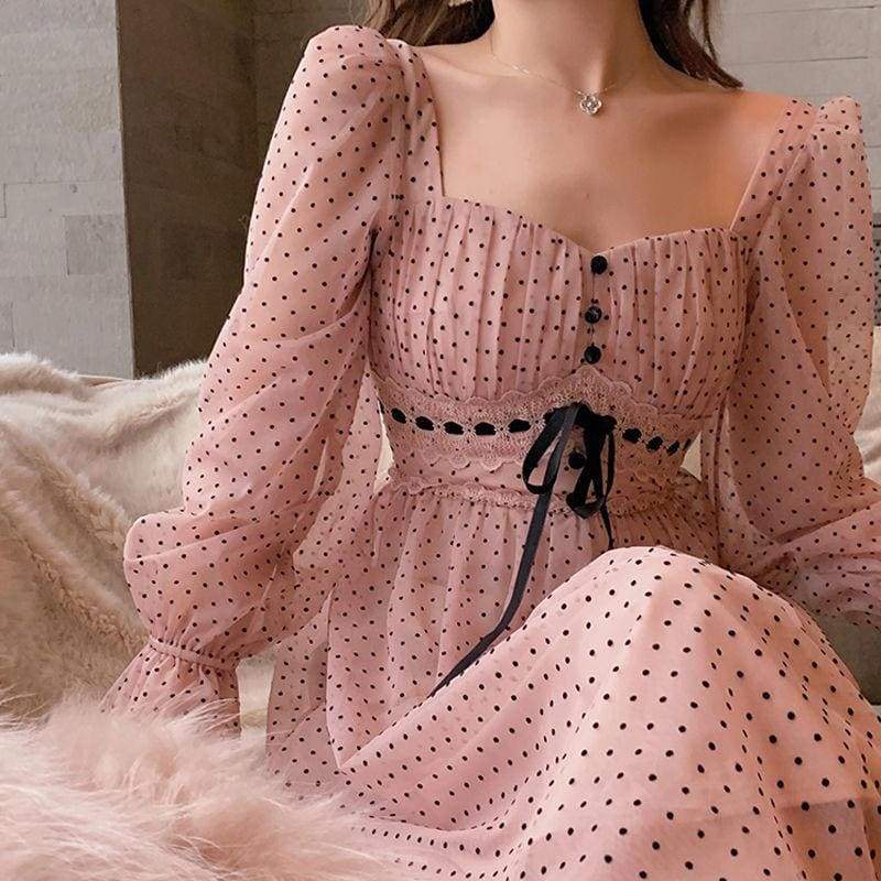 Vintage Elegant Coffee/Pink Dot Puff Sleeve Square Collar Dress MM1617 - KawaiiMoriStore