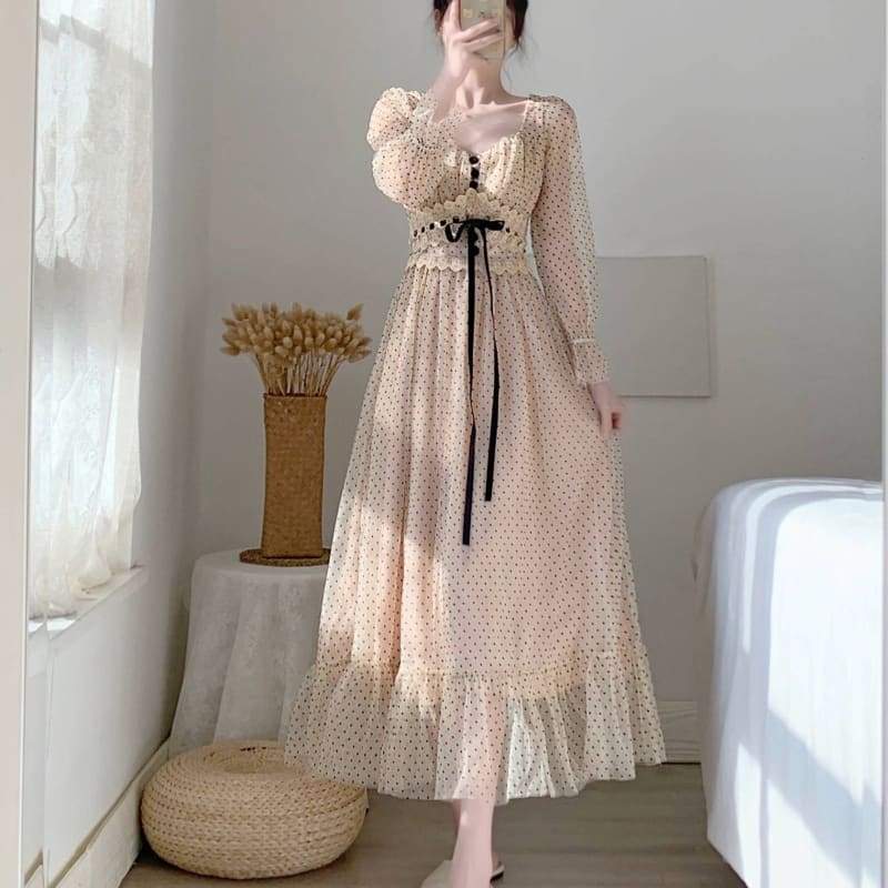 Vintage Elegant Coffee/Pink Dot Puff Sleeve Square Collar Dress MM1617 - KawaiiMoriStore