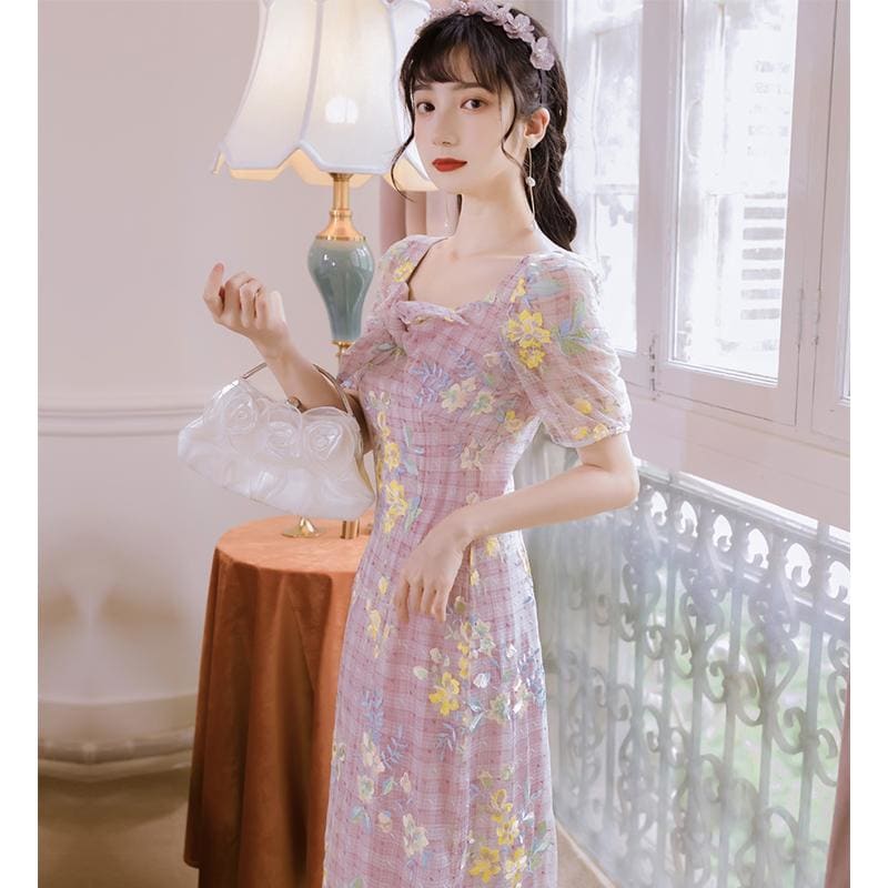 Vintage Embroidered Bow Knot Midi Dress