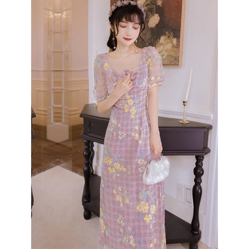 Vintage Embroidered Bow Knot Midi Dress