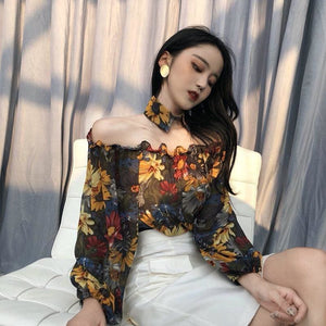 Vintage Sexy Slash Off Shoulder Long Sleeve Flower Shirts MK15750 - KawaiiMoriStore