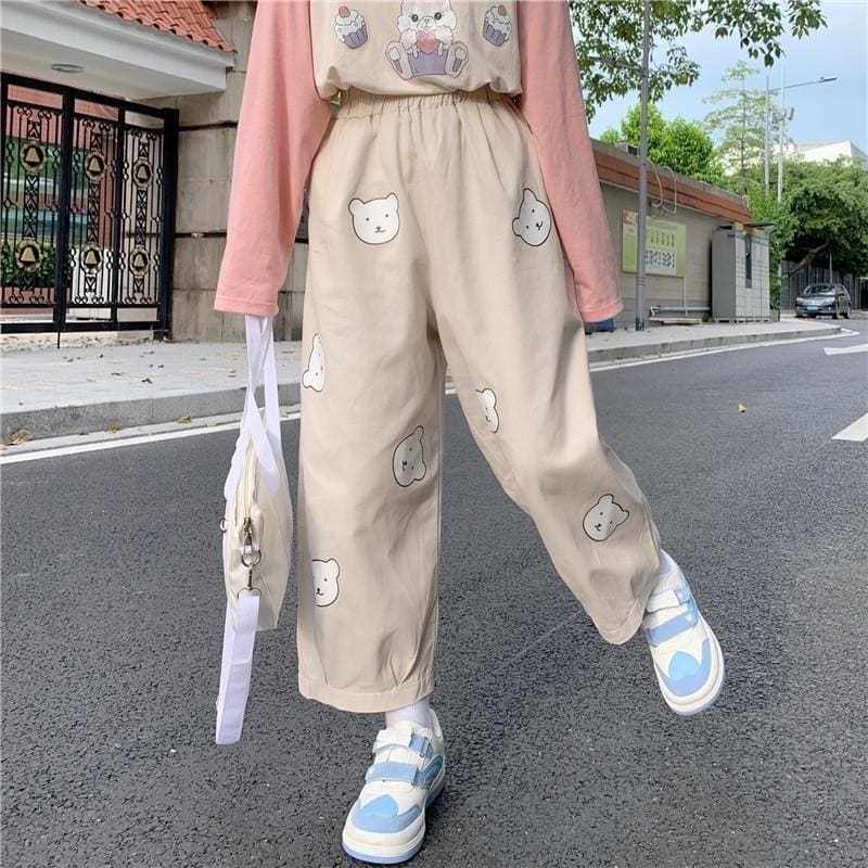 Vitality Girl Cute Bear Printing High Waist Casual Trousers MK15503 - KawaiiMoriStore