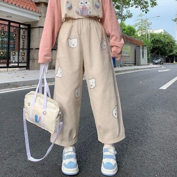 Vitality Girl Cute Bear Printing High Waist Casual Trousers MK15503 - KawaiiMoriStore