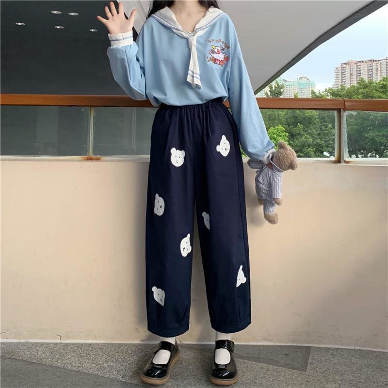 Vitality Girl Cute Bear Printing High Waist Casual Trousers MK15503 - KawaiiMoriStore