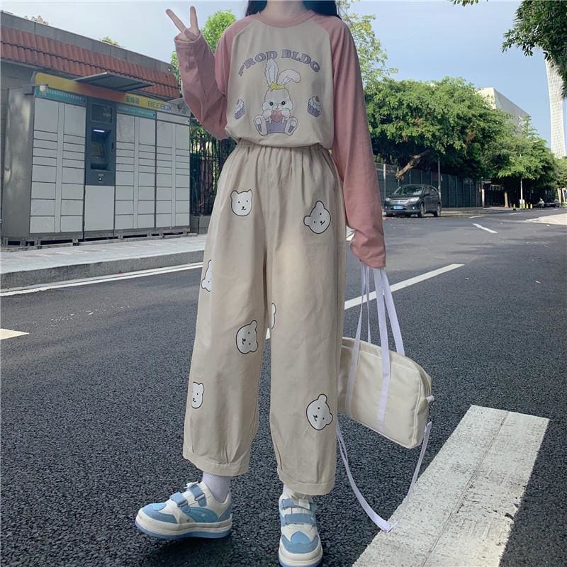 Vitality Girl Cute Bear Printing High Waist Casual Trousers MK15503 - KawaiiMoriStore