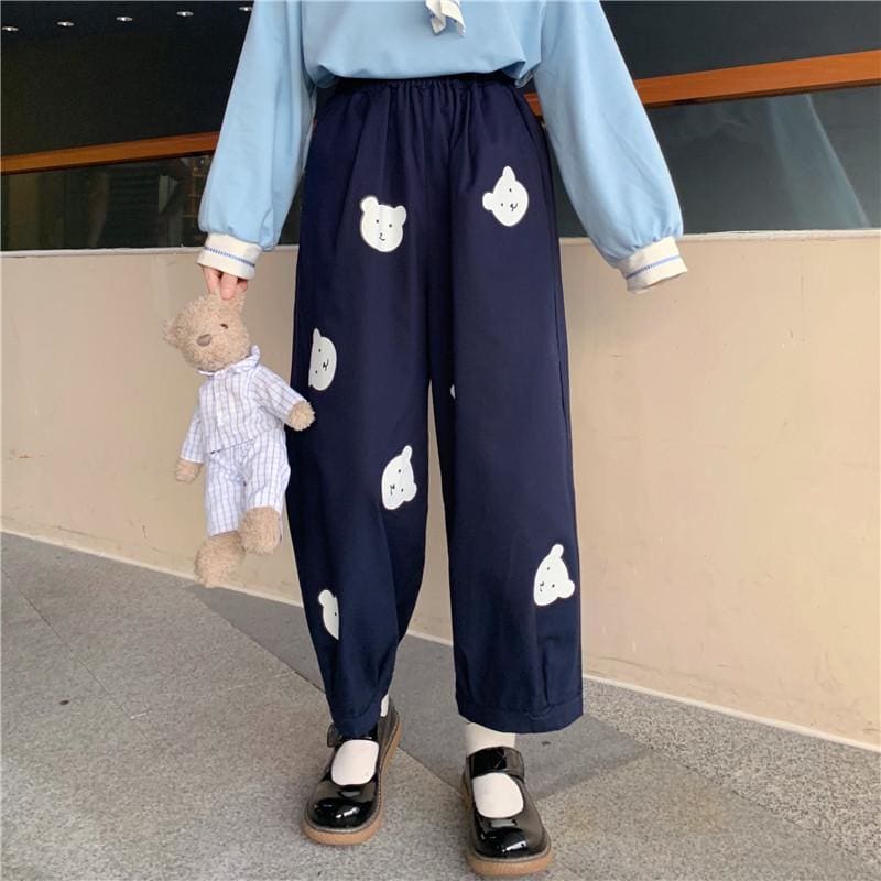 Vitality Girl Cute Bear Printing High Waist Casual Trousers MK15503 - KawaiiMoriStore