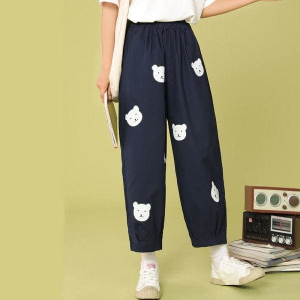 Vitality Girl Cute Bear Printing High Waist Casual Trousers MK15503 - KawaiiMoriStore