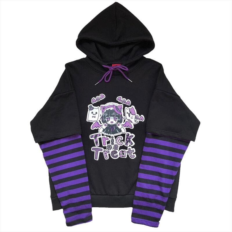 Warm Cartoon Letters Print Striped Splicing Long Sleeve Hoodie Pullover MK15266 - KawaiiMoriStore