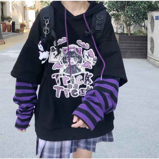 Warm Cartoon Letters Print Striped Splicing Long Sleeve Hoodie Pullover MK15266 - KawaiiMoriStore