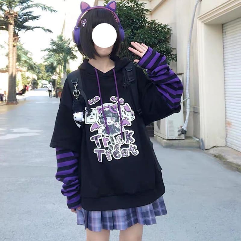 Warm Cartoon Letters Print Striped Splicing Long Sleeve Hoodie Pullover MK15266 - KawaiiMoriStore