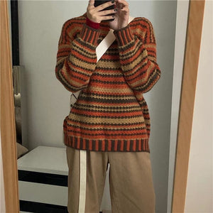 Warm Striped Retro Sweater - One Size / orange - sweater