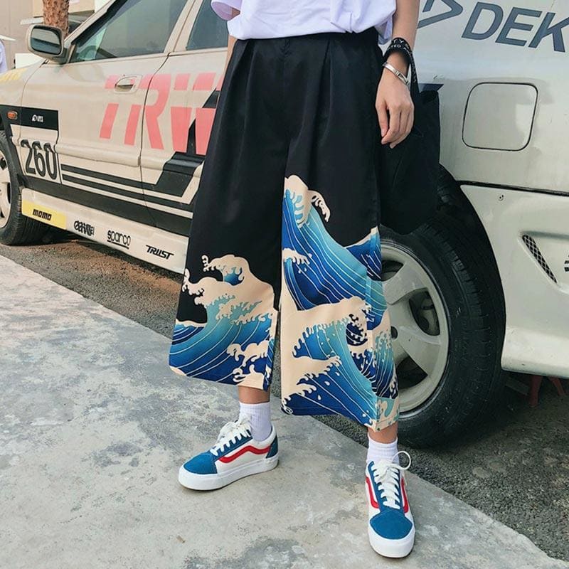 Waves Print Letter High Waist Wide Leg  Pants MK15871 - KawaiiMoriStore