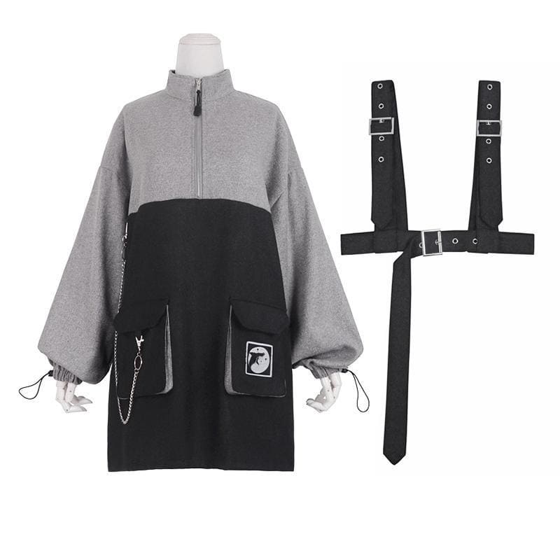 Whale Zipper Chain Pocket Sweatshirt Buckle Strap Dress MK15200 - KawaiiMoriStore