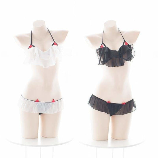 White Black Cute Devil Ruffle Sheer Mini Skirt Lingerie 