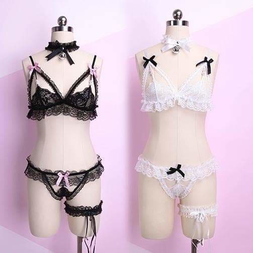 White Black Red Lace Pearl Ribbon Lingerie Set MK1812231 - 