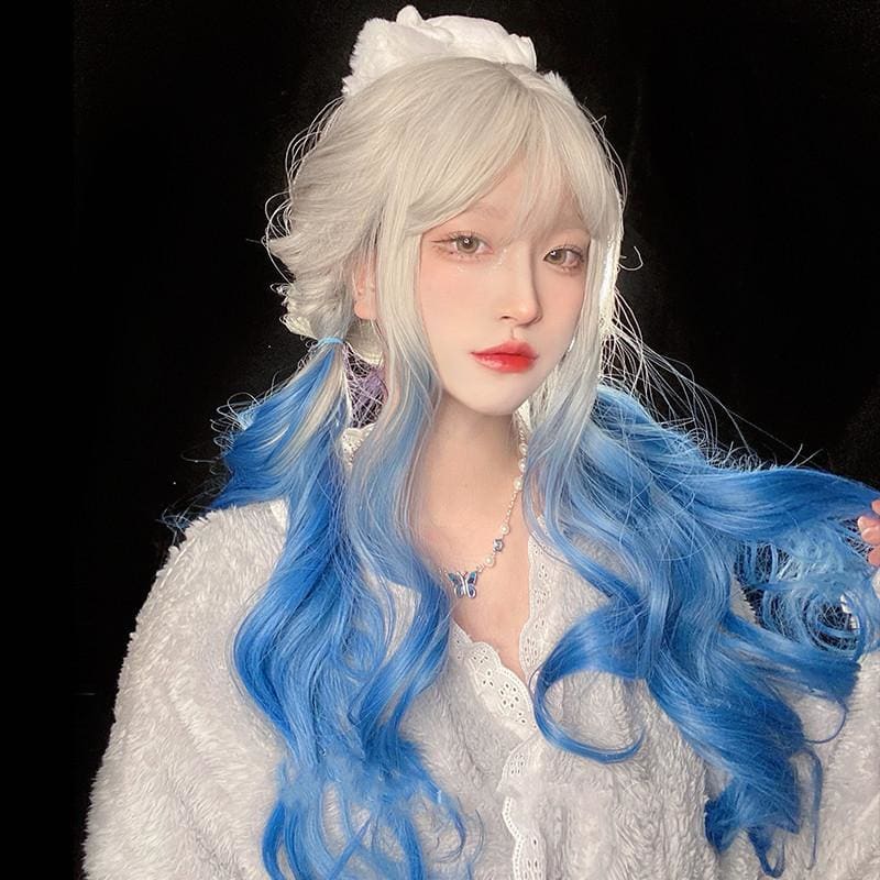 White Blue Mixed Large Wavy Long Curly Wig MM0917 - KawaiiMoriStore