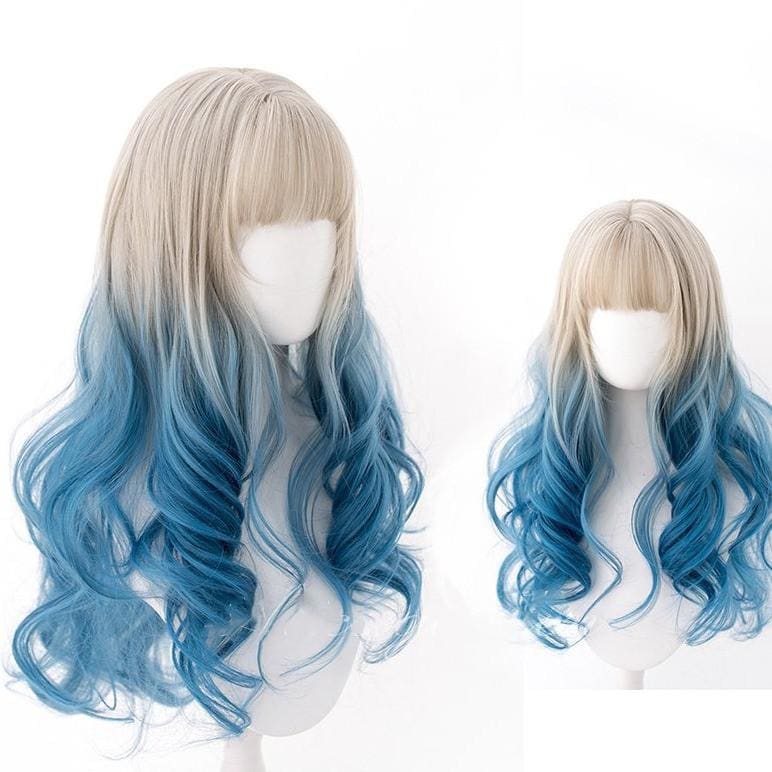 White Blue Mixed Large Wavy Long Curly Wig MM0917 - KawaiiMoriStore