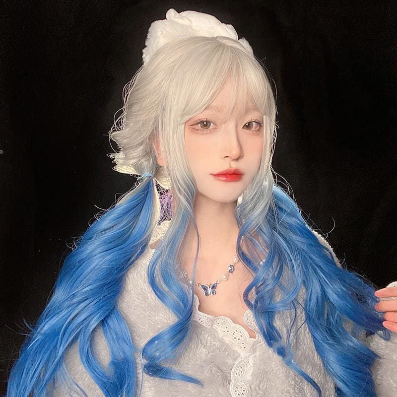 White Blue Mixed Large Wavy Long Curly Wig MM0917 - KawaiiMoriStore