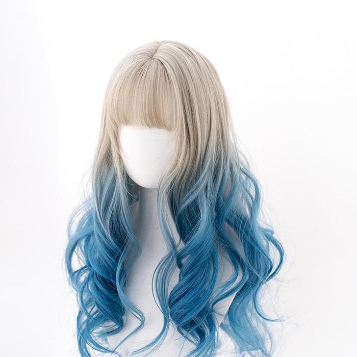 White Blue Mixed Large Wavy Long Curly Wig MM0917 - KawaiiMoriStore