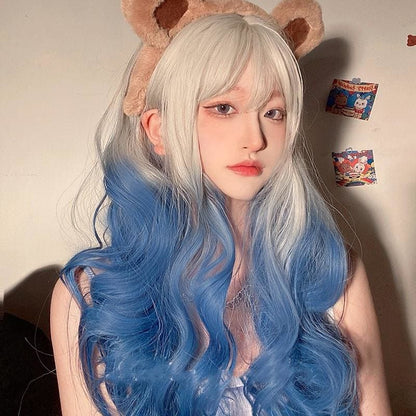 White Blue Mixed Large Wavy Long Curly Wig MM0917 - KawaiiMoriStore